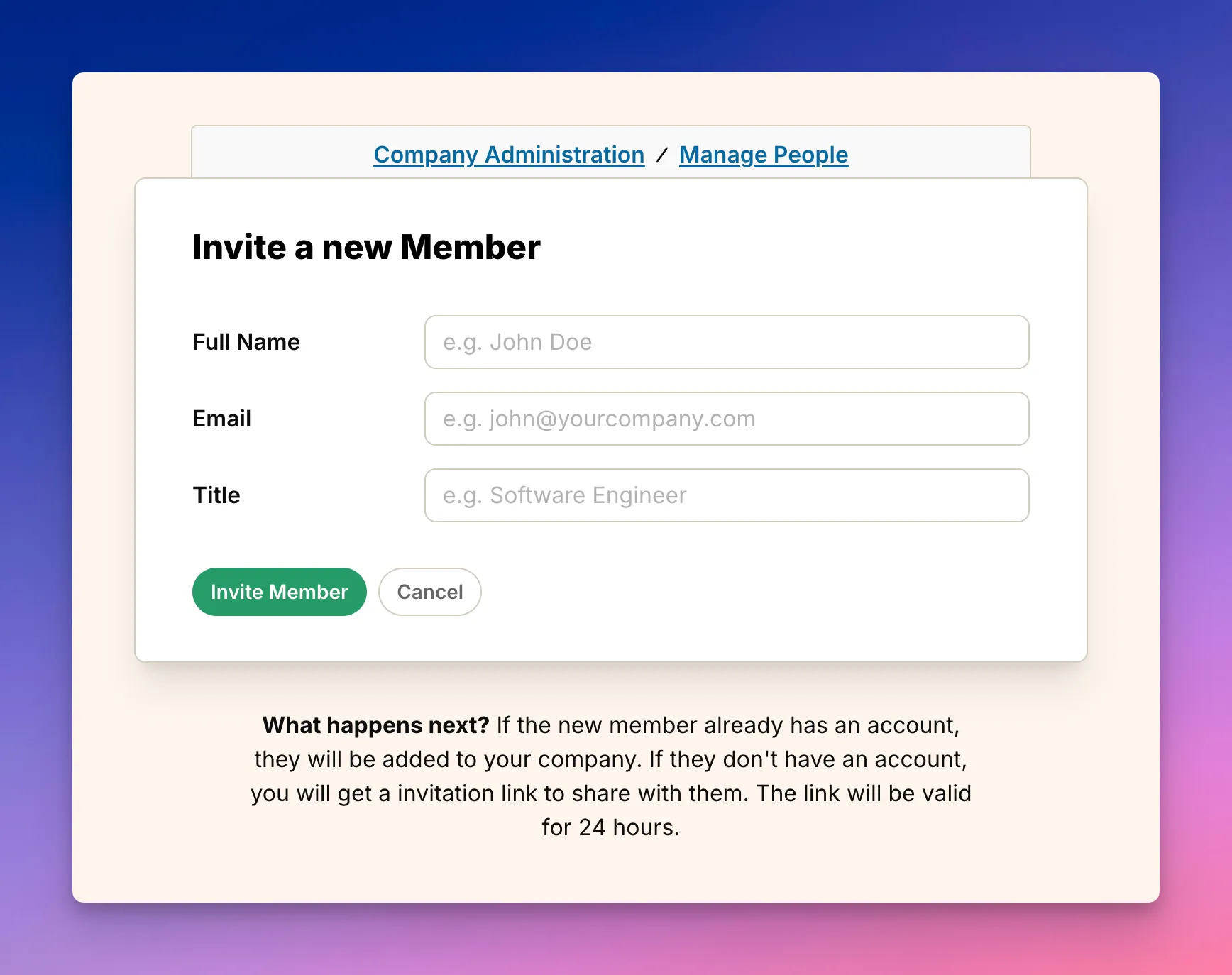 Screenshot: Invite a new Member form